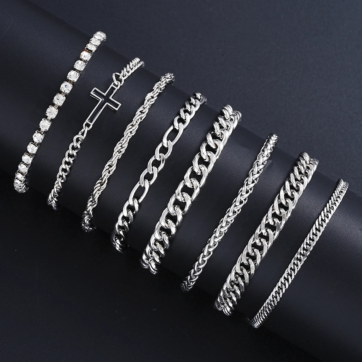 8Pcs Stainless Steel Cross Cuban Bracelets For Men Women Punk Silver Color Crystal Twist Chain Bracelet Daily Wear Fashion