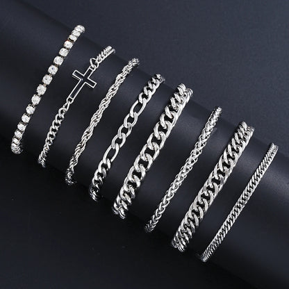 8Pcs Stainless Steel Cross Cuban Bracelets For Men Women Punk Silver Color Crystal Twist Chain Bracelet Daily Wear Fashion