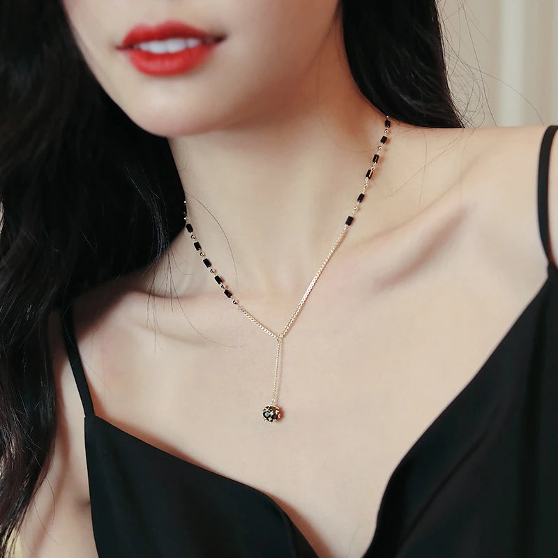 Mysterious Black Crystal Zircon Ball Pendant Necklace