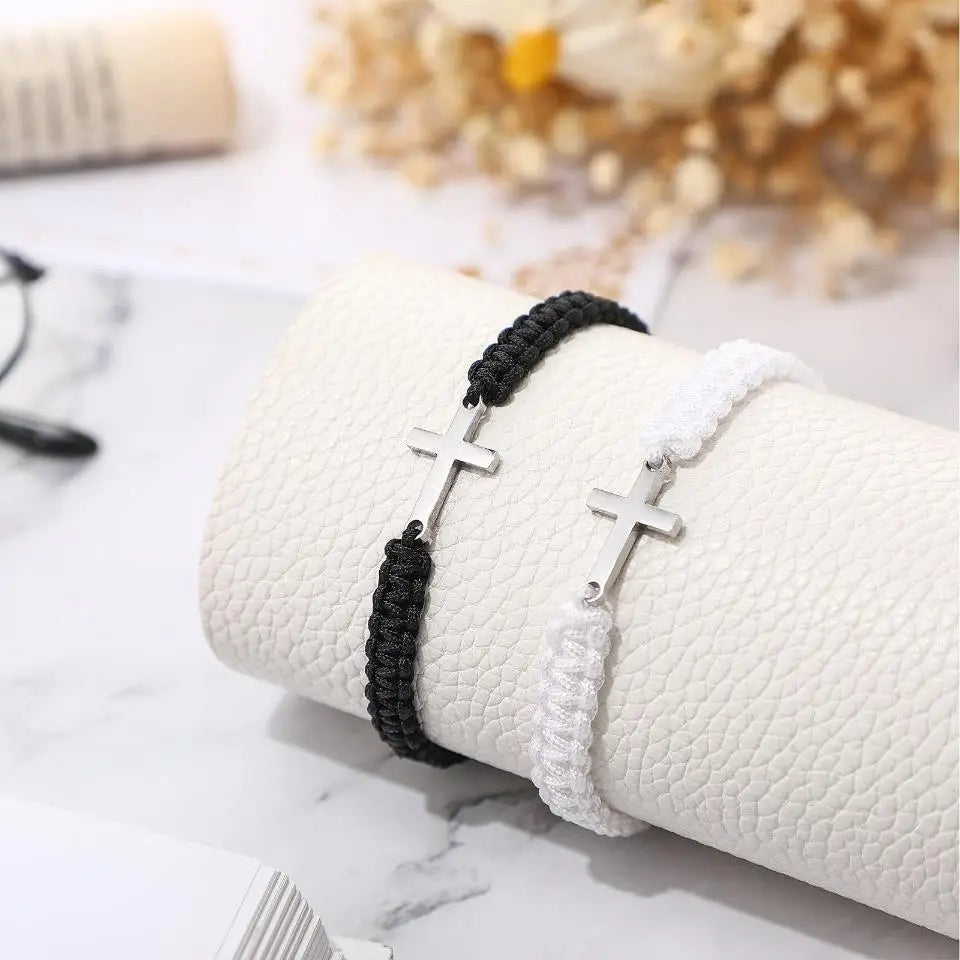 Cross Black White Braided Rope Couple Bracelets