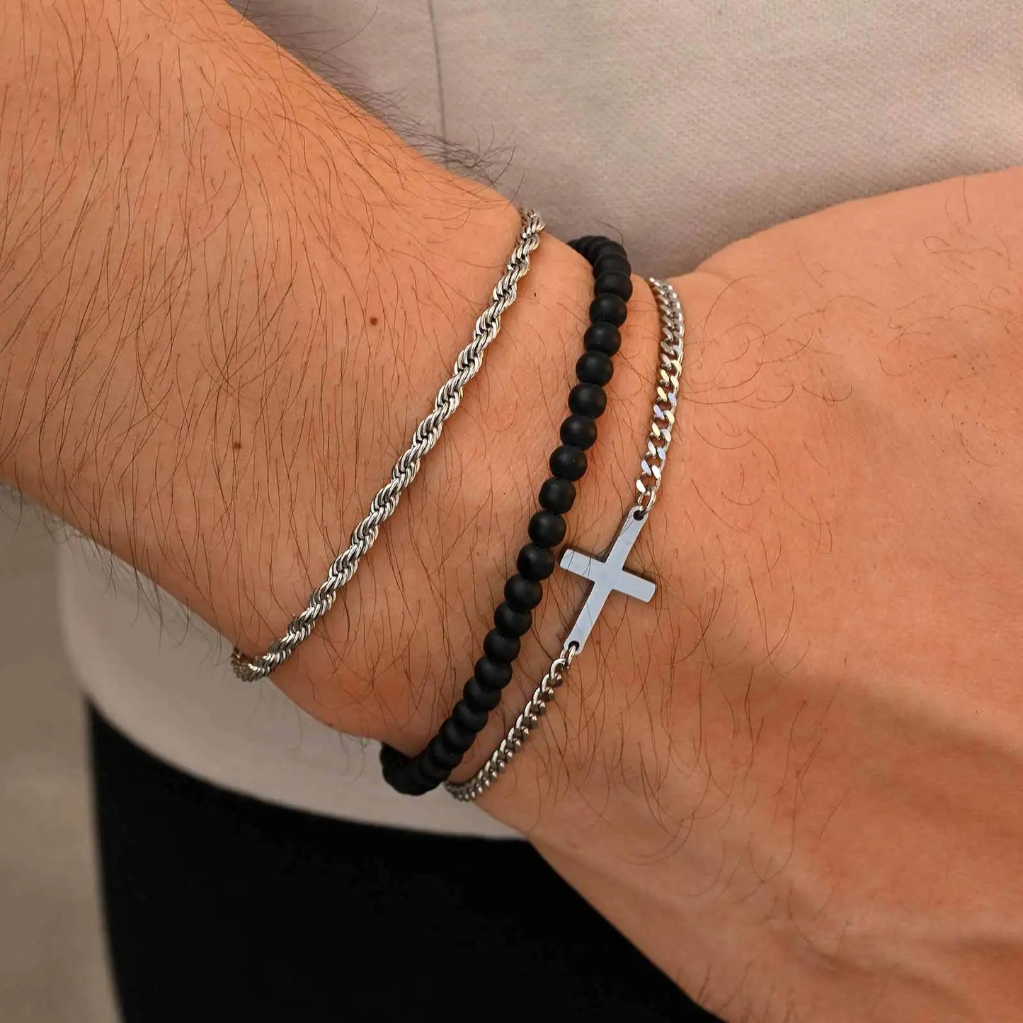 3pcs Stainless Steel Stacked Chain Link Cross Men's Bracelet