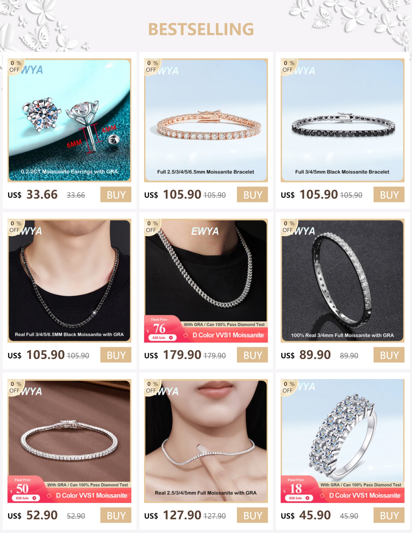 EWYA Full Moissanite Diamond Hook Link Chain Bracelet 1.2mm D Color For Woman Man S925 GRA Certified Couple Bracelets Bangle