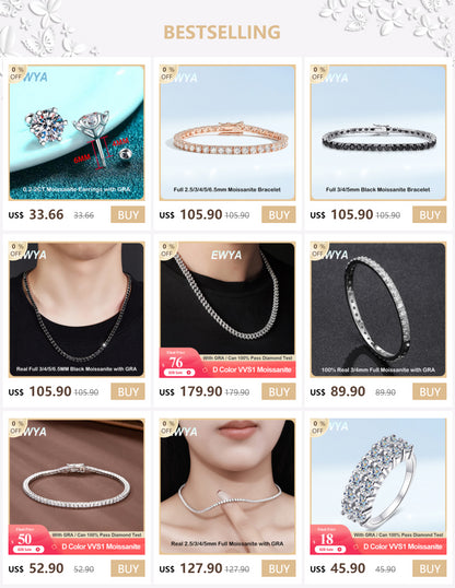 EWYA Full Moissanite Diamond Hook Link Chain Bracelet 1.2mm D Color For Woman Man S925 GRA Certified Couple Bracelets Bangle