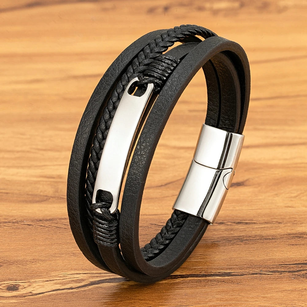 Multi-layer Braided Leather Stainless Steel Wrap Men's Bracelet