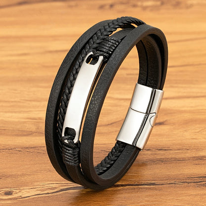 Multi-layer Braided Leather Stainless Steel Wrap Men's Bracelet