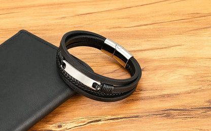 Multi-layer Braided Leather Stainless Steel Wrap Men's Bracelet