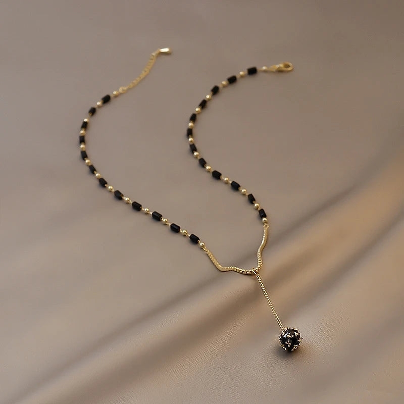 Mysterious Black Crystal Zircon Ball Pendant Necklace