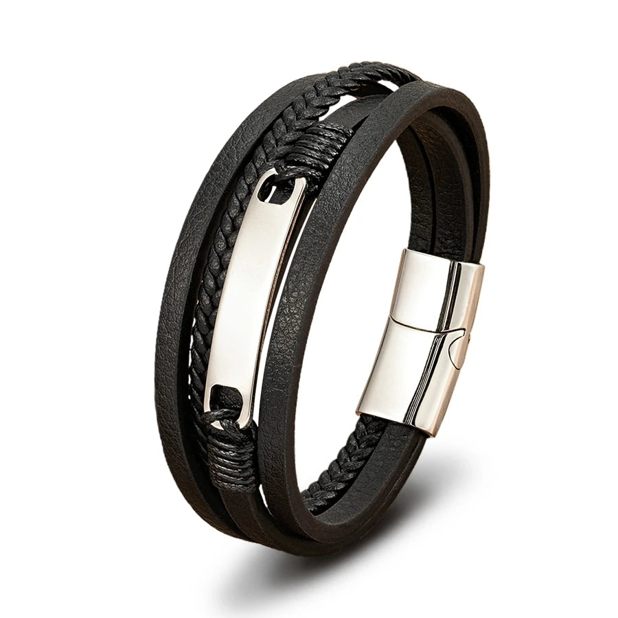 Multi-layer Braided Leather Stainless Steel Wrap Men's Bracelet