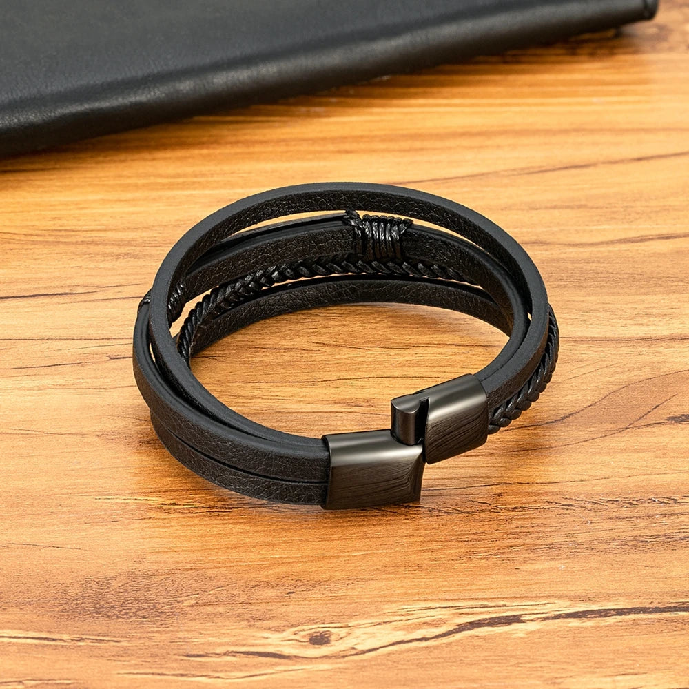 Multi-layer Braided Leather Stainless Steel Wrap Men's Bracelet
