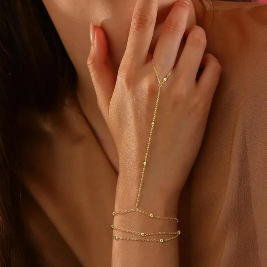 14K Gold Plated Stainless Steel Ring Hand Chain Bracelet for Women