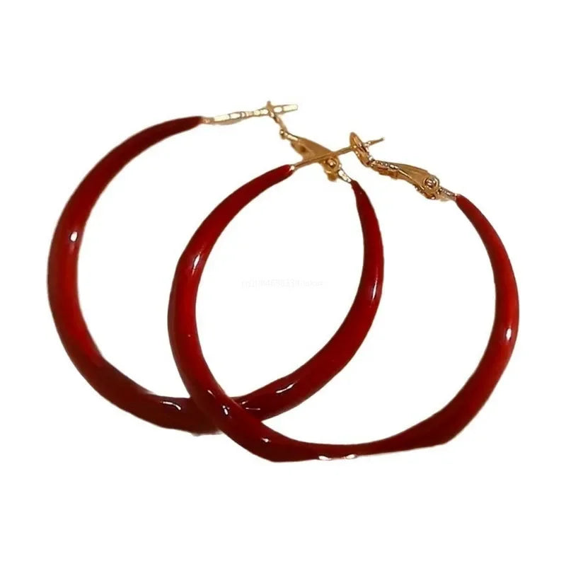 Elegant Red Color Smooth Enamel Hoop Earrings for Women Statement Jewelry Big Metal Circle Earrings Boho сережки с камнем