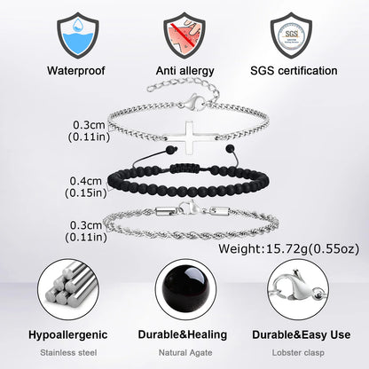 3pcs Stainless Steel Stacked Chain Link Cross Men's Bracelet