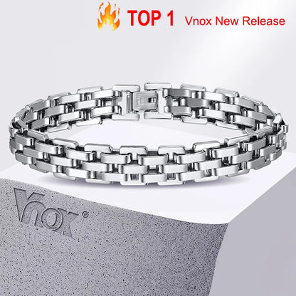 Vnox 11mm Watchband Shaped Chain Bracelet for Men Teens Boys,Strap Chain Bracelets, Black Silver Color Stainless Steel Wristband