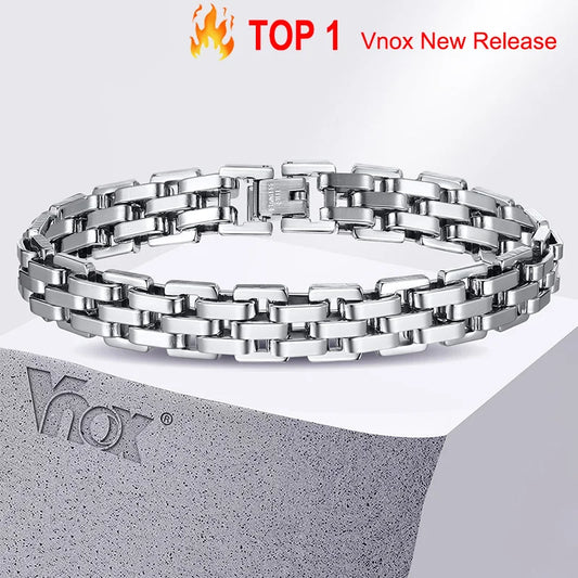Vnox 11mm Watchband Shaped Chain Bracelet for Men Teens Boys,Strap Chain Bracelets, Black Silver Color Stainless Steel Wristband