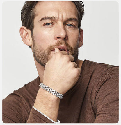 Vnox 11mm Watchband Shaped Chain Bracelet for Men Teens Boys,Strap Chain Bracelets, Black Silver Color Stainless Steel Wristband