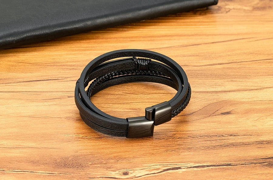 Multi-layer Braided Leather Stainless Steel Wrap Men's Bracelet