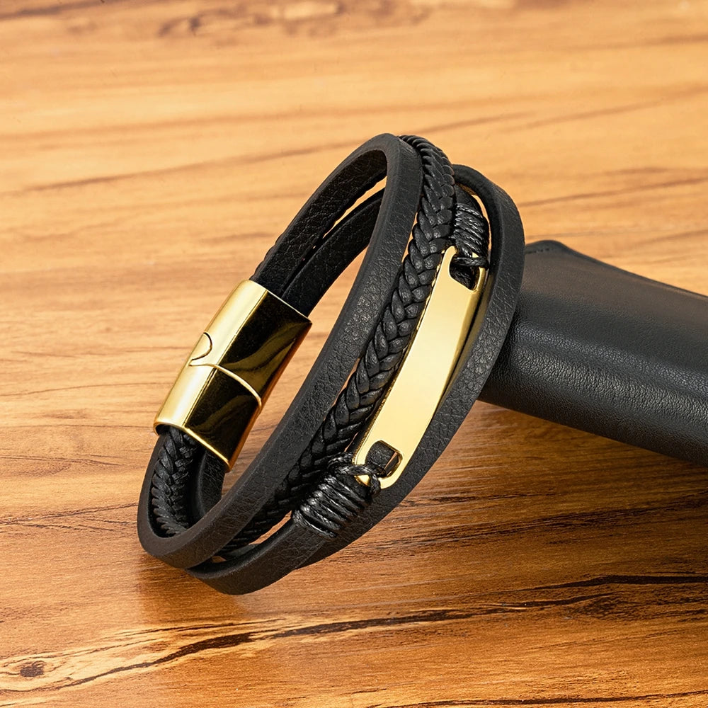 Multi-layer Braided Leather Stainless Steel Wrap Men's Bracelet