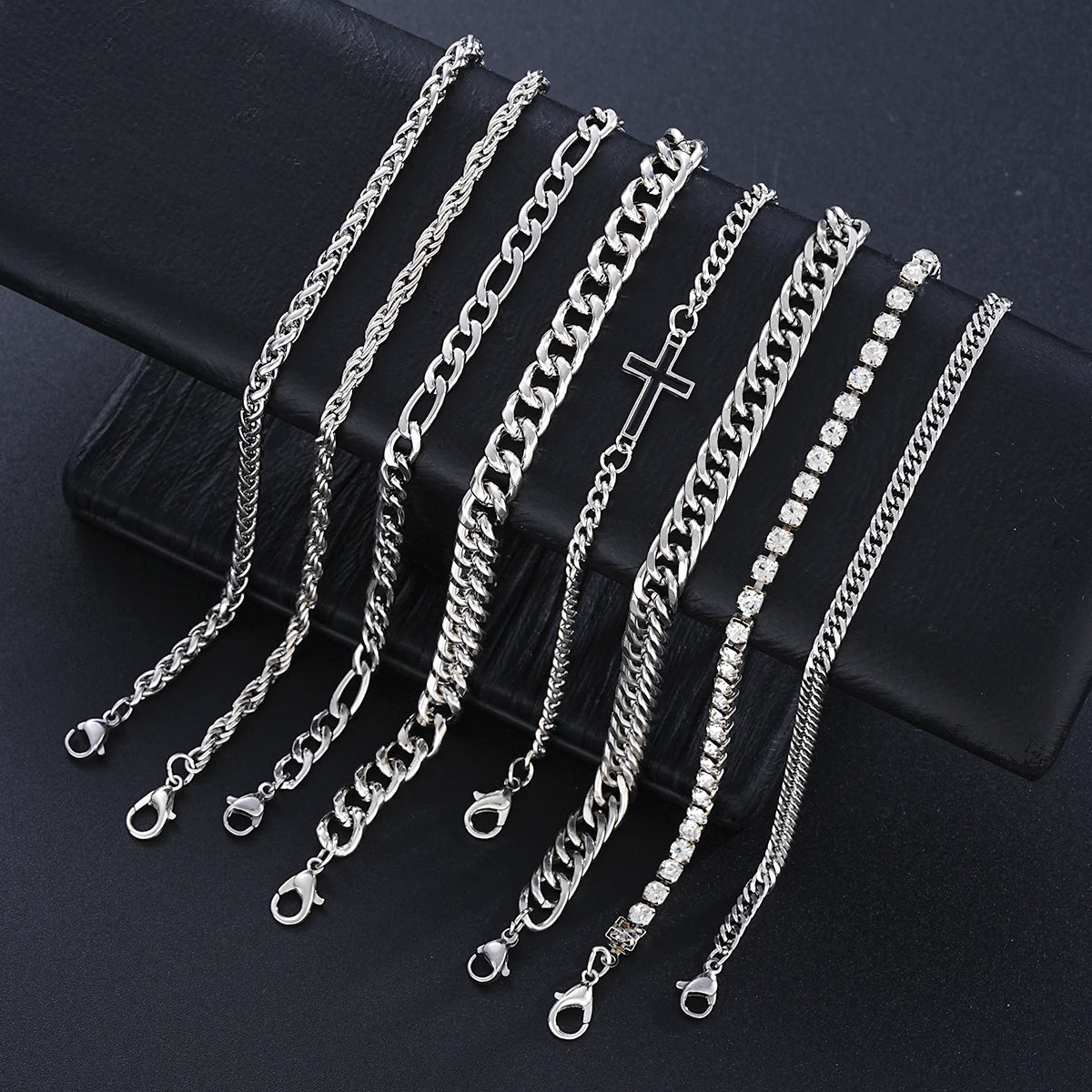 8Pcs Stainless Steel Cross Cuban Bracelets For Men Women Punk Silver Color Crystal Twist Chain Bracelet Daily Wear Fashion