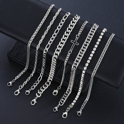 8Pcs Stainless Steel Cross Cuban Bracelets For Men Women Punk Silver Color Crystal Twist Chain Bracelet Daily Wear Fashion