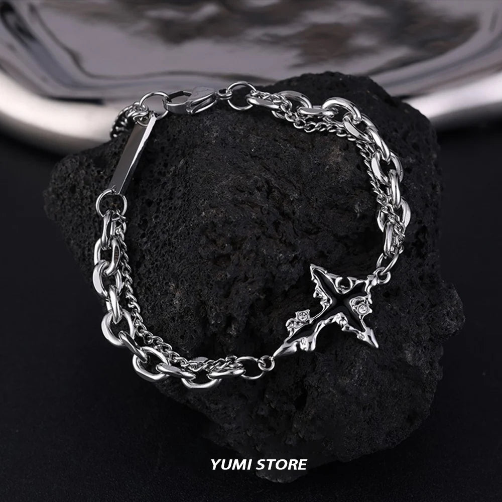 Retro Flame Cross Bracelet For Men Woman Hip Hop Titanium Steel Splice Chain Charm Unisex Jewelry Cool Kpop Luxury Accessories