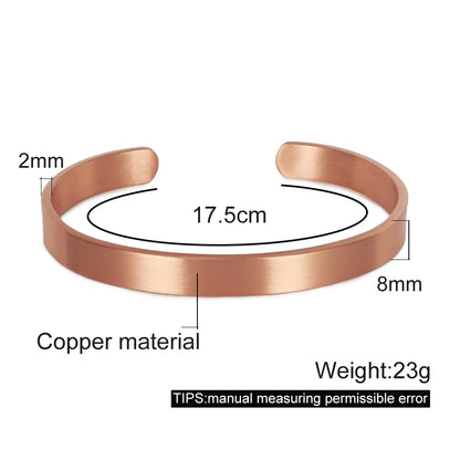 Vinterly Pure Copper Bracelets for Women Men Unisex 8mm Adjustable Open Cuff Bangles Female Resizable Jewelry Soft Metal Simple