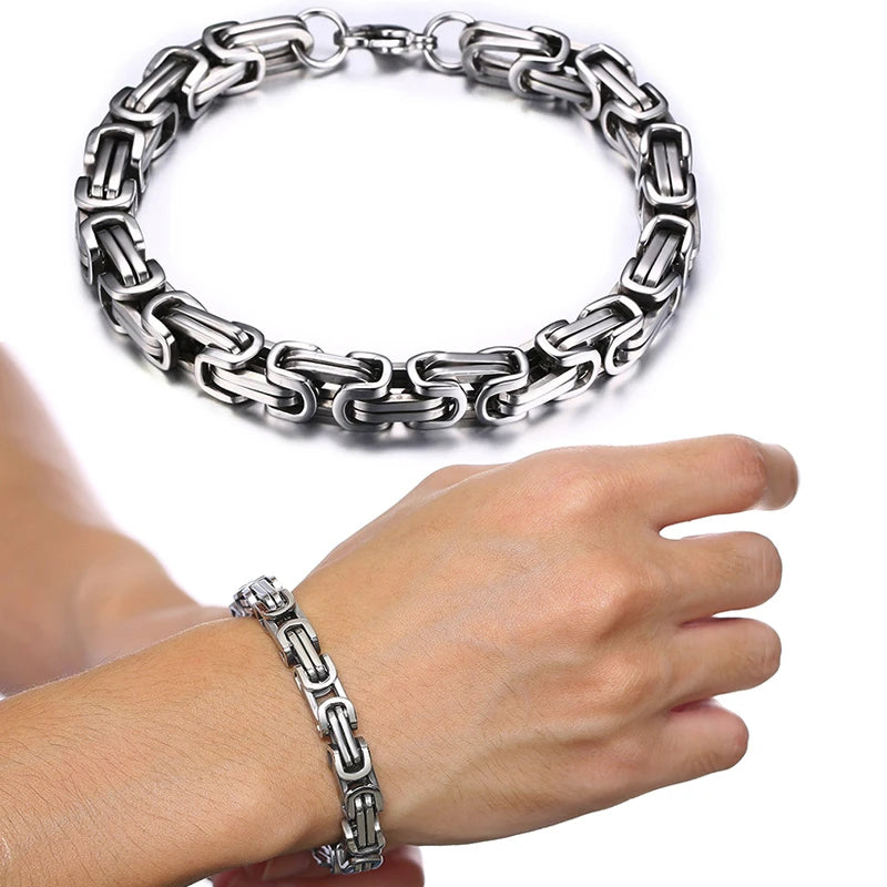 Men's Byzantine Chain Bracelet for Boys, 4/5/6/8MM Wide Stainless Steel Link Wristband,Gifts for Him