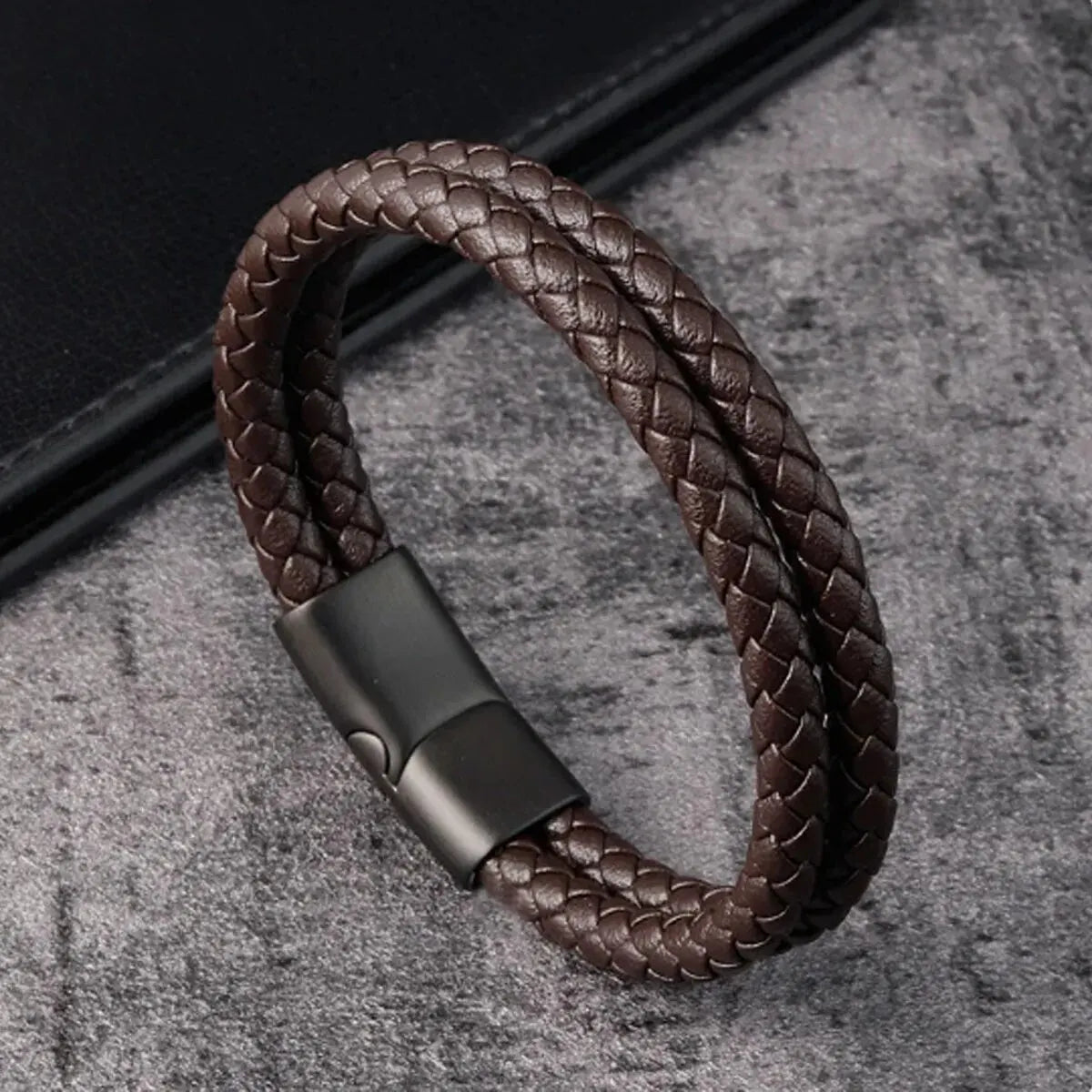 Men Black Blue Braided Genuine Leather Bracelet Double Band Bangle