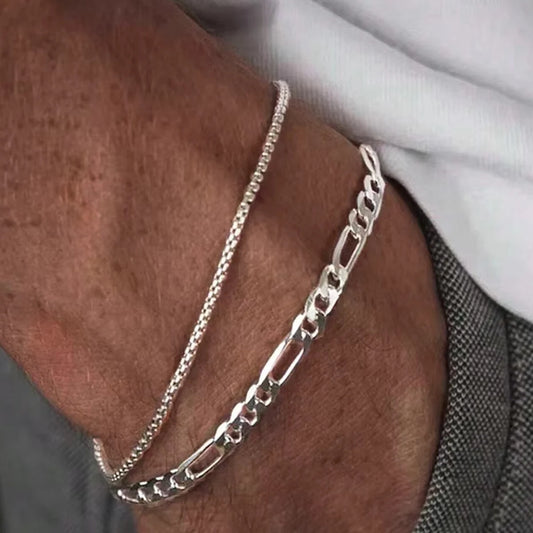 2PCS Simple Gold Plated Silver Color Chain Bracelets Set for Men Metal Casual Street Dailywear Bracelet Jewelry