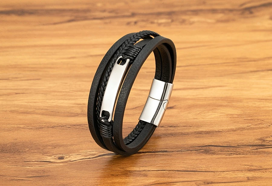 Multi-layer Braided Leather Stainless Steel Wrap Men's Bracelet