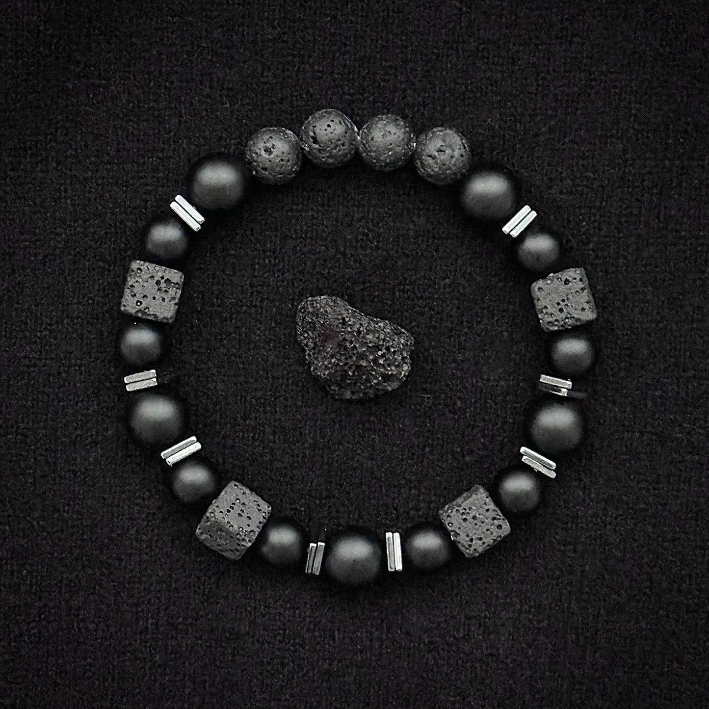 Natural Matte Black Onyx with Cube Lava Bracelet