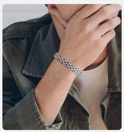 Vnox 11mm Watchband Shaped Chain Bracelet for Men Teens Boys,Strap Chain Bracelets, Black Silver Color Stainless Steel Wristband