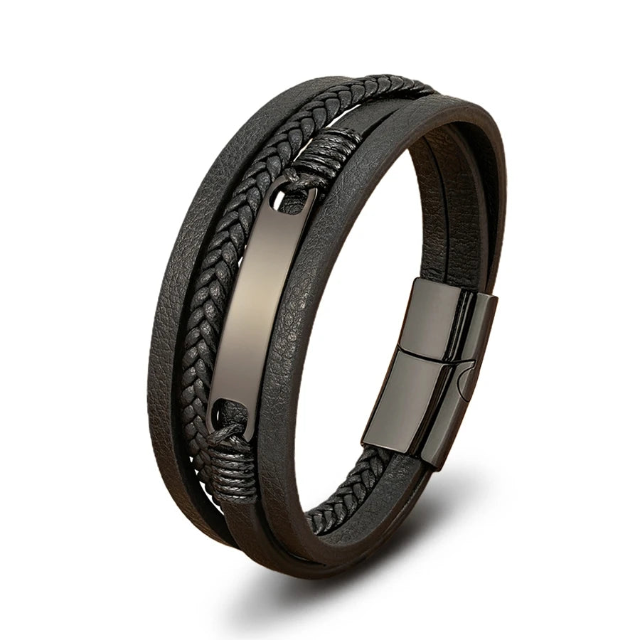 Multi-layer Braided Leather Stainless Steel Wrap Men's Bracelet