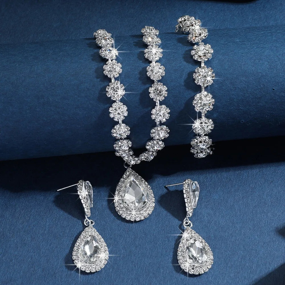 Water Drop Crystal Rhinestone Jewelry Set Diamond Bracelet Exquisite Tassels Earrings Luxury Shining Necklace Women