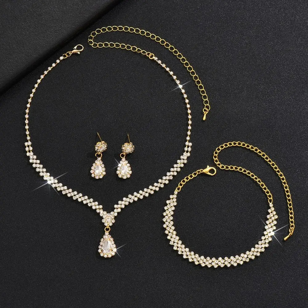Water Drop Luxury Bridal Jewelry Set Elegant Exquisite Necklace Earring Set Temperament Zircon Rhinestone Bracelet Banquet