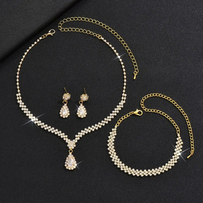 Water Drop Luxury Bridal Jewelry Set Elegant Exquisite Necklace Earring Set Temperament Zircon Rhinestone Bracelet Banquet