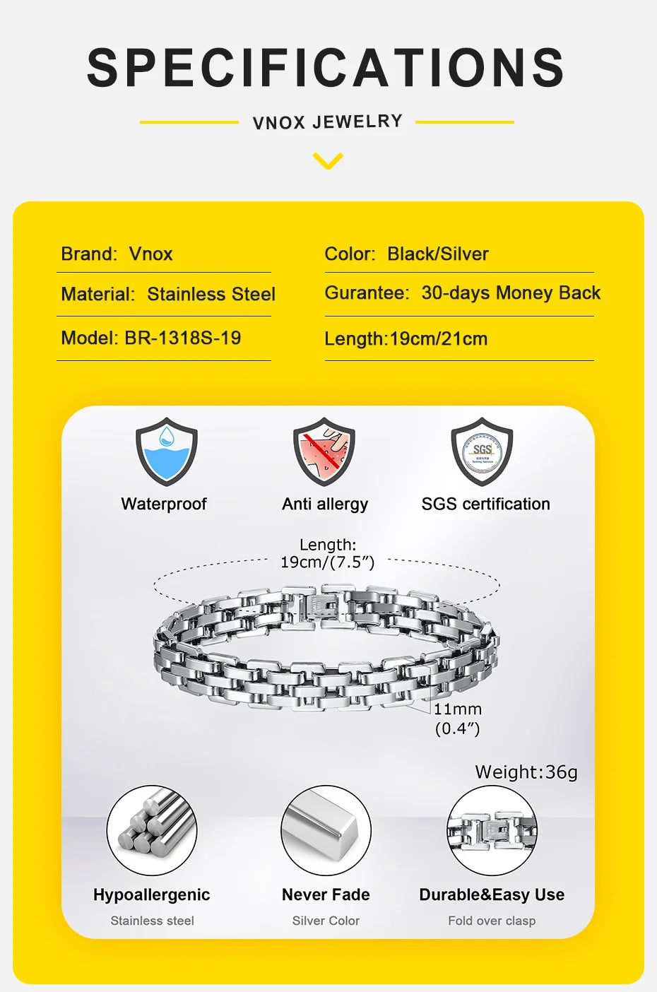 Vnox 11mm Watchband Shaped Chain Bracelet for Men Teens Boys,Strap Chain Bracelets, Black Silver Color Stainless Steel Wristband