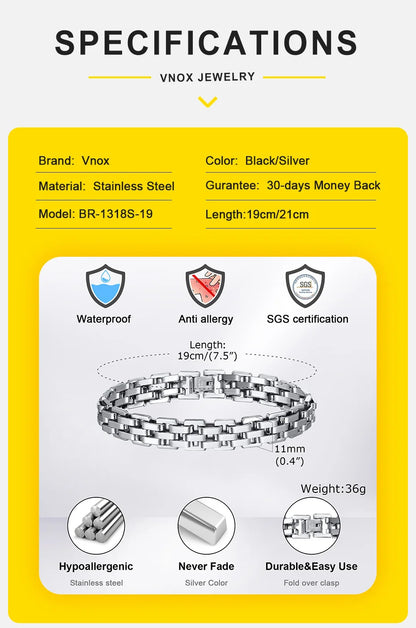 Vnox 11mm Watchband Shaped Chain Bracelet for Men Teens Boys,Strap Chain Bracelets, Black Silver Color Stainless Steel Wristband