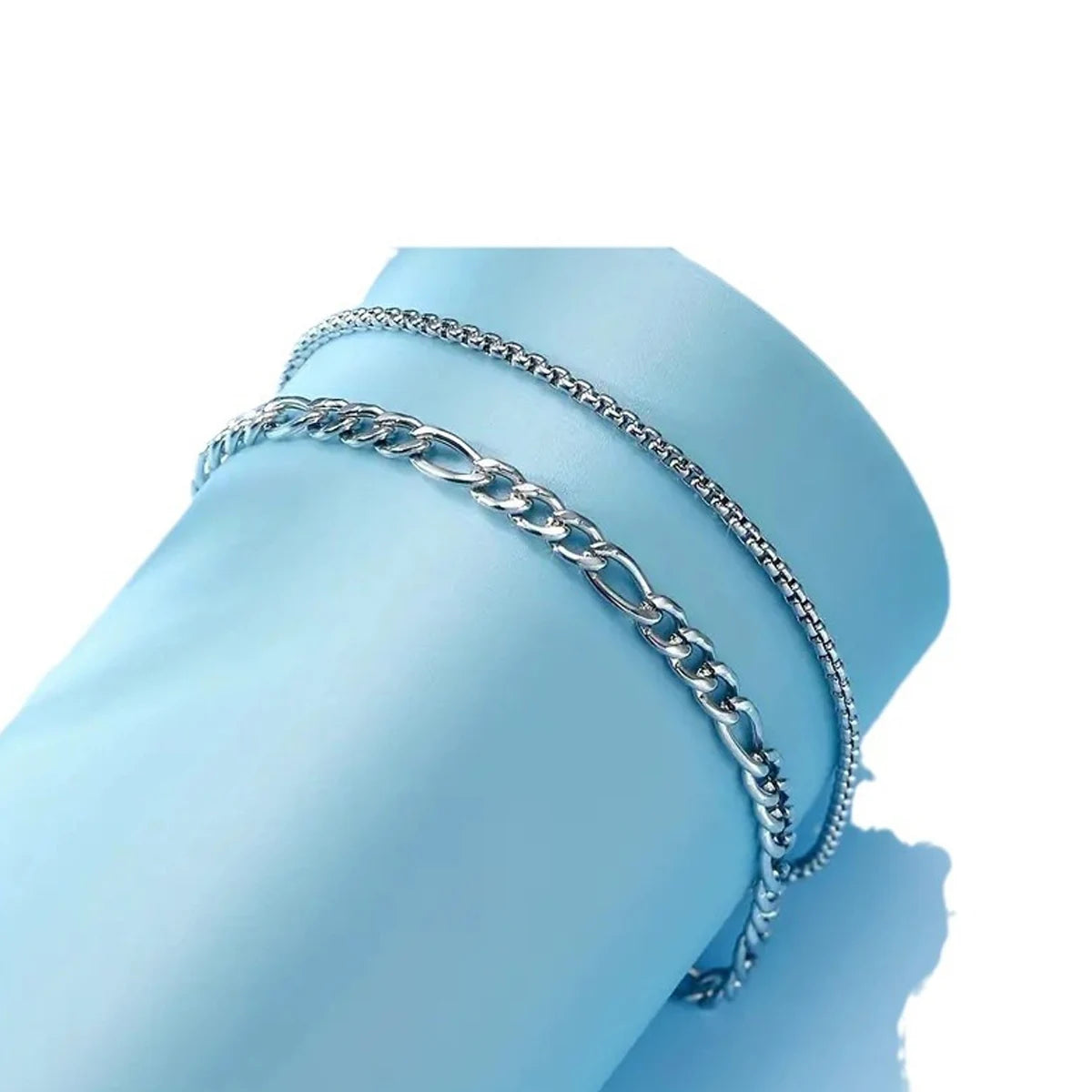 2PCS Simple Gold Plated Silver Color Chain Bracelets Set for Men Metal Casual Street Dailywear Bracelet Jewelry