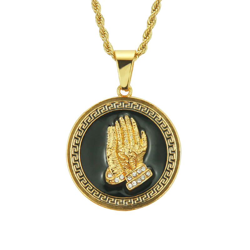 Men's Necklace with Lion Head and Prayer Hand Pendant