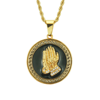 Men's Necklace with Lion Head and Prayer Hand Pendant