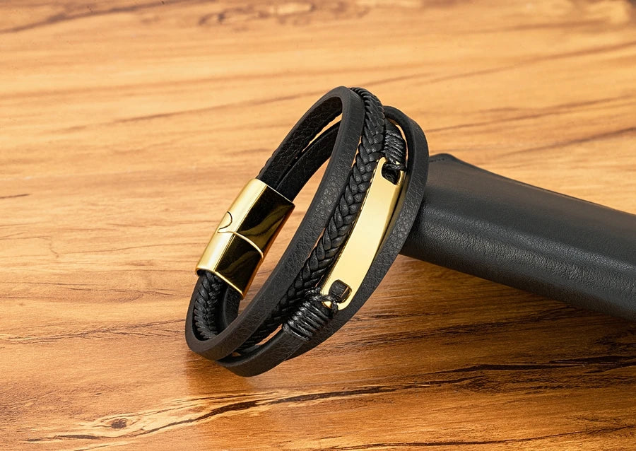 Multi-layer Braided Leather Stainless Steel Wrap Men's Bracelet