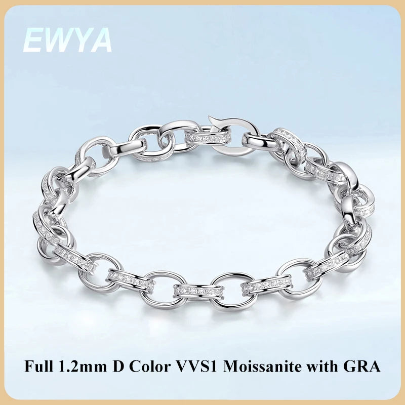 EWYA Full Moissanite Diamond Hook Link Chain Bracelet 1.2mm D Color For Woman Man S925 GRA Certified Couple Bracelets Bangle