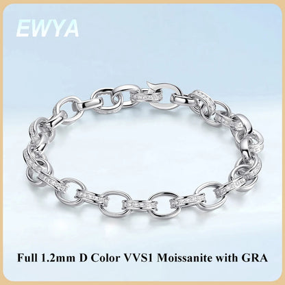 EWYA Full Moissanite Diamond Hook Link Chain Bracelet 1.2mm D Color For Woman Man S925 GRA Certified Couple Bracelets Bangle