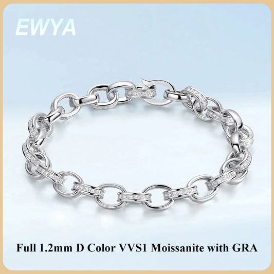 EWYA Full Moissanite Diamond Hook Link Chain Bracelet 1.2mm D Color For Woman Man S925 GRA Certified Couple Bracelets Bangle