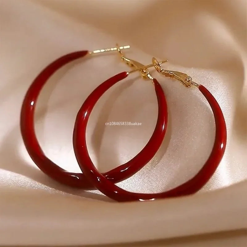 Elegant Red Color Smooth Enamel Hoop Earrings for Women Statement Jewelry Big Metal Circle Earrings Boho сережки с камнем
