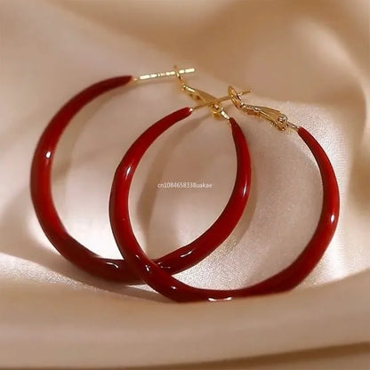 Elegant Red Color Smooth Enamel Hoop Earrings for Women Statement Jewelry Big Metal Circle Earrings Boho сережки с камнем