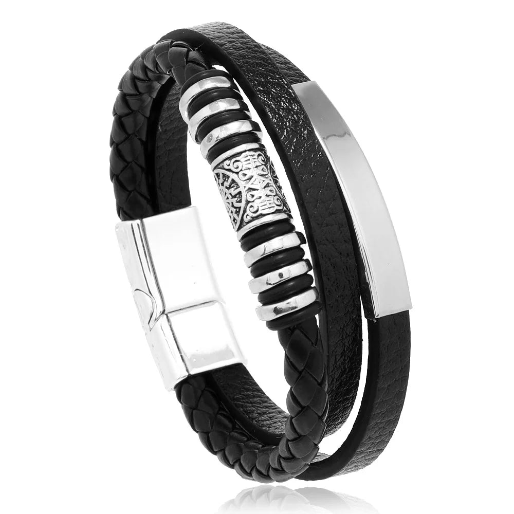 Trendy Leather Stainl ess Steel Bracelet
