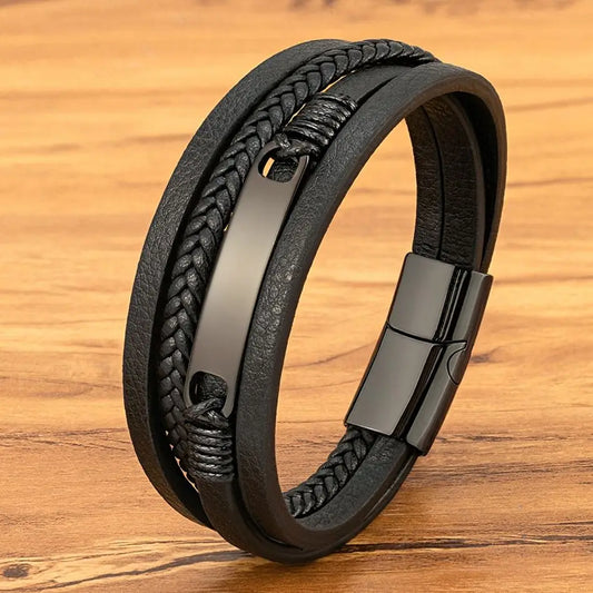 Multi-layer Braided Leather Stainless Steel Wrap Men's Bracelet