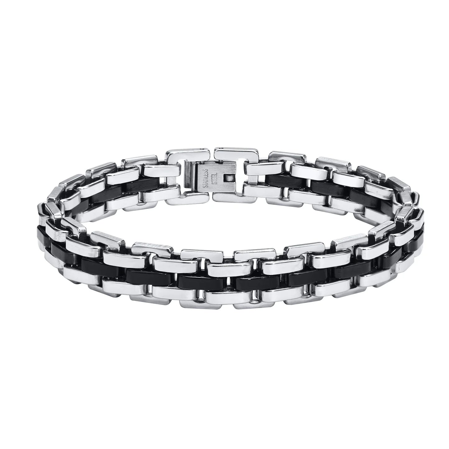 Vnox 11mm Watchband Shaped Chain Bracelet for Men Teens Boys,Strap Chain Bracelets, Black Silver Color Stainless Steel Wristband
