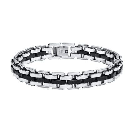 Vnox 11mm Watchband Shaped Chain Bracelet for Men Teens Boys,Strap Chain Bracelets, Black Silver Color Stainless Steel Wristband